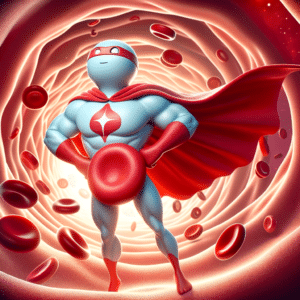 a superhero platelet character surrounded by blood cells within the walls of a vascular structure.